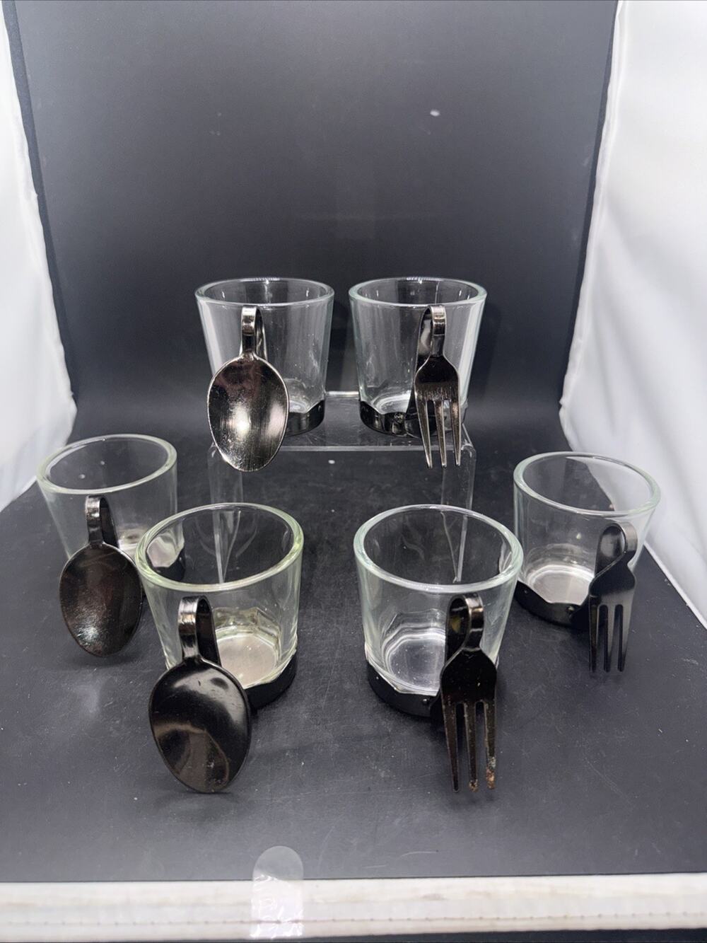 Yankee Candle Votive Holders Set 6 Glass Cups w Metal Spoon Fork Accents